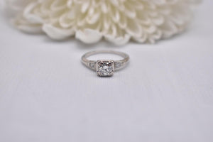 Vintage 14K White Gold Art Deco Transitional Cut Diamond Three Stone Engagement Ring