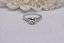 Load image into Gallery viewer, Vintage 14K White Gold Art Deco Transitional Cut Diamond Three Stone Engagement Ring
