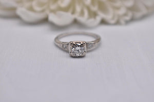 Vintage 14K White Gold Art Deco Transitional Cut Diamond Three Stone Engagement Ring