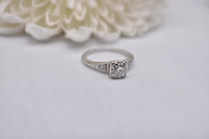 Vintage 14K White Gold Art Deco Transitional Cut Diamond Three Stone Engagement Ring