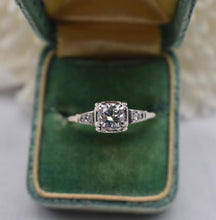 Load image into Gallery viewer, Vintage 14K White Gold Art Deco Transitional Cut Diamond Three Stone Engagement Ring
