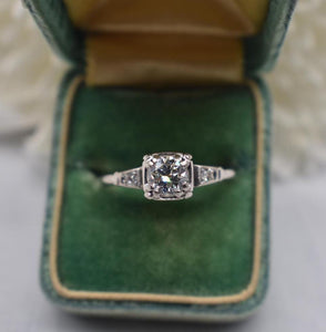 Vintage 14K White Gold Art Deco Transitional Cut Diamond Three Stone Engagement Ring