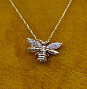 Vintage 10K Yellow Gold Solid Diamond Bumblebee Necklace