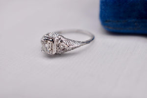 Vintage 18K White Gold Art Deco Transitional Cut Diamond Three Stone Filigree Engagement Ring