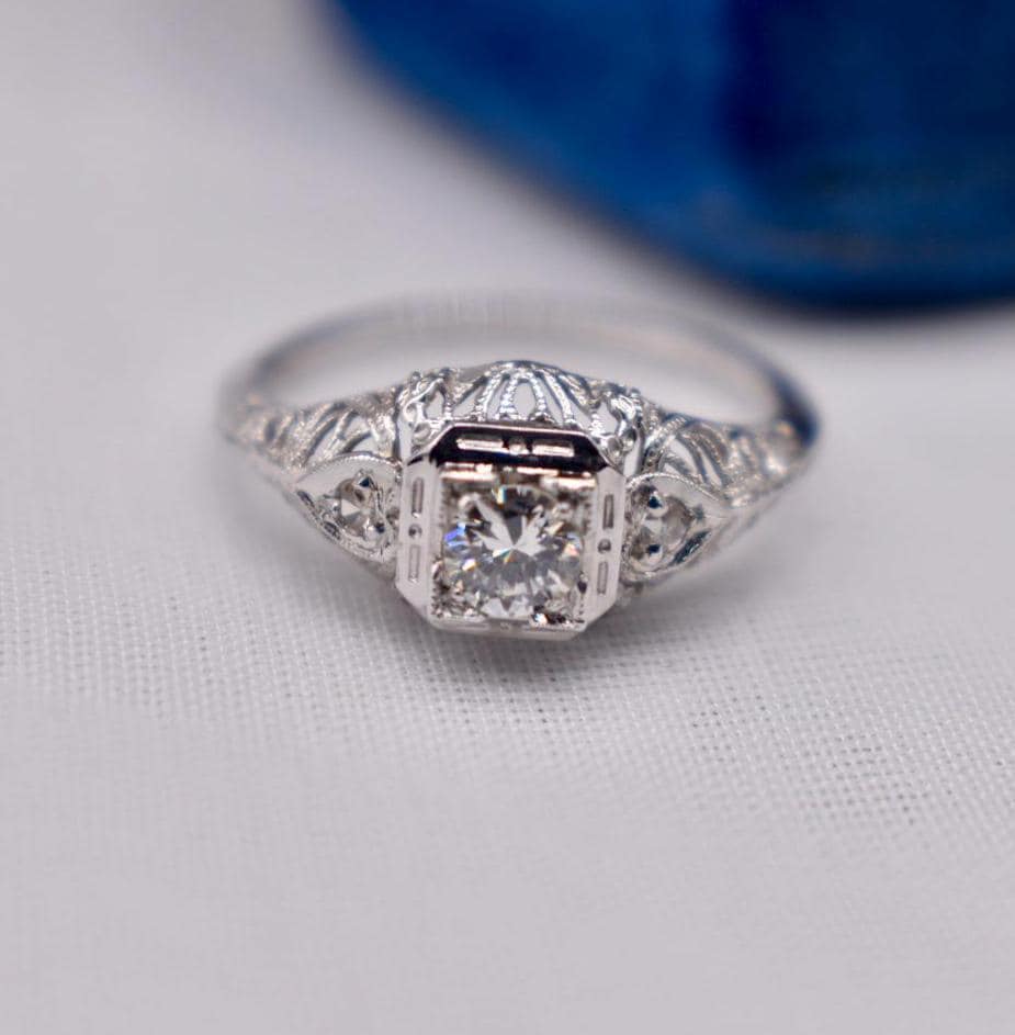 Vintage 18K White Gold Art Deco Transitional Cut Diamond Three Stone Filigree Engagement Ring