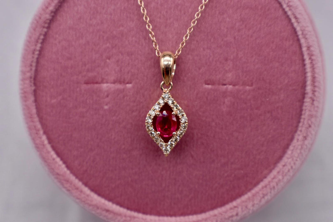 Reserved Listing Third Payment For Levian 14K Oval Ruby and Diamond Rose Gold Halo Necklace