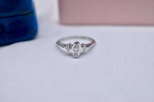 14K White Gold Vintage Marquise and Accent Diamond Three Stone Ring