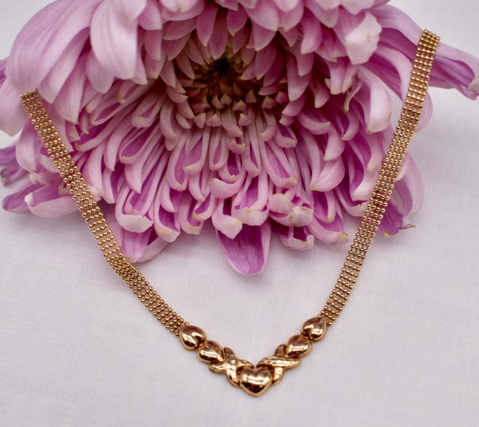 Vintage 10K Yellow Gold Mesh Beaded XOXO Heart Chain Necklace