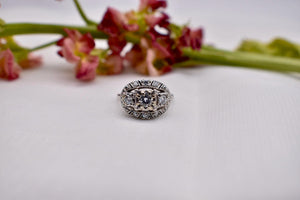 Vintage Art Deco Platinum Halo Three Stone Diamond Engagement Ring