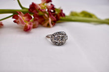 Load image into Gallery viewer, Vintage Art Deco Platinum Halo Three Stone Diamond Engagement Ring
