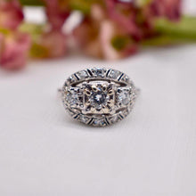 Load image into Gallery viewer, Vintage Art Deco Platinum Halo Three Stone Diamond Engagement Ring
