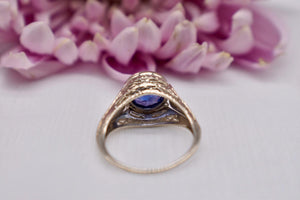 Reserved Listing First Payment Vintage Art Deco 18K White Gold GIA Certified Lab Created Sapphire Bezel Ring