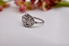 Load image into Gallery viewer, Vintage Art Deco Platinum Halo Three Stone Diamond Engagement Ring
