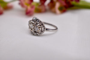 Vintage Art Deco Platinum Halo Three Stone Diamond Engagement Ring