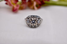 Load image into Gallery viewer, Vintage Art Deco Platinum Halo Three Stone Diamond Engagement Ring
