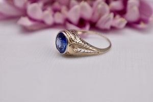 Reserved Listing First Payment Vintage Art Deco 18K White Gold GIA Certified Lab Created Sapphire Bezel Ring