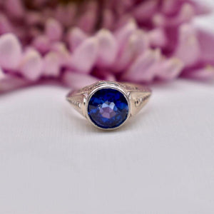 Reserved Listing First Payment Vintage Art Deco 18K White Gold GIA Certified Lab Created Sapphire Bezel Ring