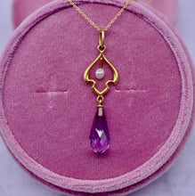 Load image into Gallery viewer, 14K Yellow Gold Victorian Amethyst and Pearl Drop Lavalier Necklace
