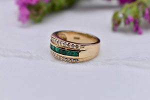 14K Yellow Gold Three Row Vintage Emerald and Diamond Ring