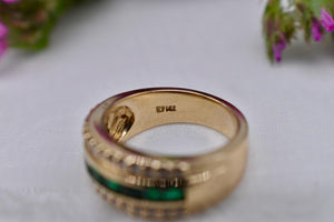 14K Yellow Gold Three Row Vintage Emerald and Diamond Ring