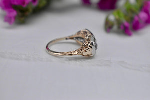 Vintage 14K Yellow & White Gold Edwardian Diamond Three Stone Old Mine Cut Diamond Ring