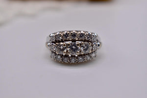 Vintage Art Deco 14K White Gold Statement Three Row Diamond Ring