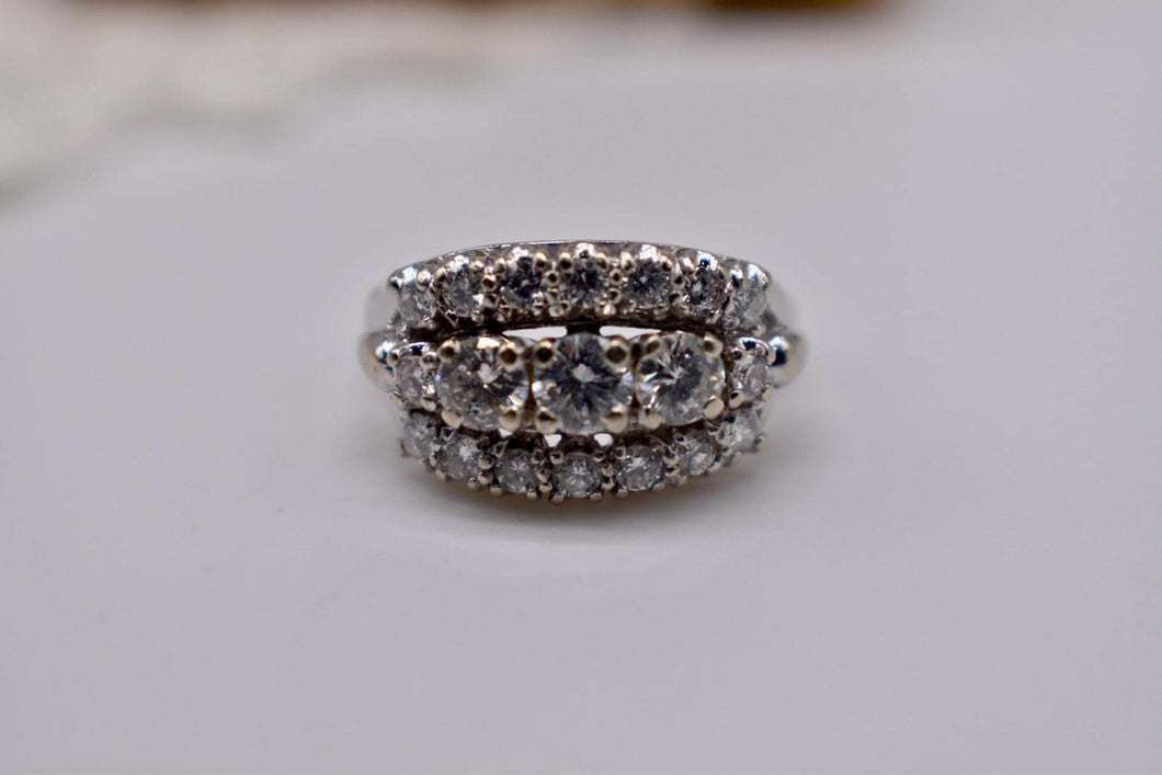 Vintage Art Deco 14K White Gold Statement Three Row Diamond Ring