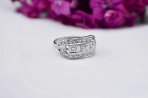 Vintage Art Deco Platinum Statement Three Row Diamond Decorative Ring