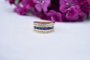18K Yellow Gold Three Row Vintage Sapphire and Diamond Ring