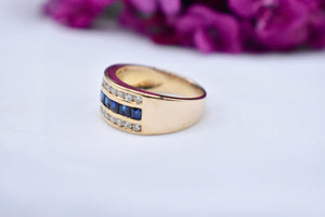 18K Yellow Gold Three Row Vintage Sapphire and Diamond Ring