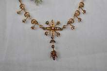 Load image into Gallery viewer, 14K Yellow Gold Victorian Pearl Rare Lavalier Y Shape Floral Necklace
