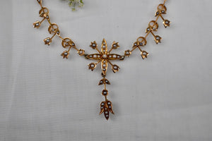 14K Yellow Gold Victorian Pearl Rare Lavalier Y Shape Floral Necklace