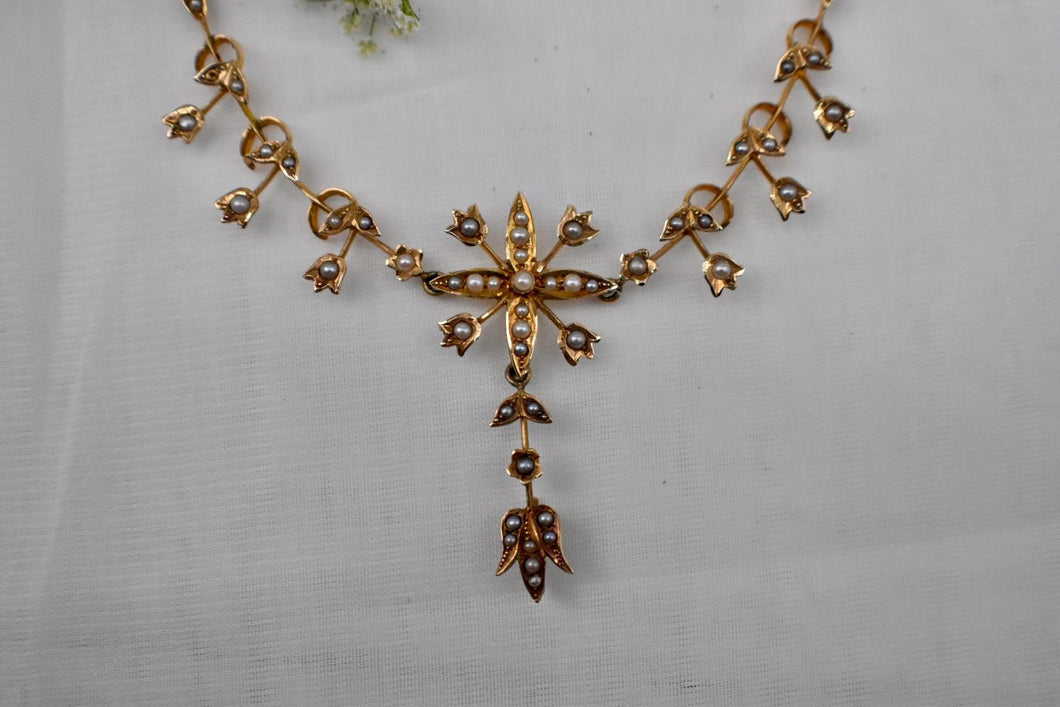 14K Yellow Gold Victorian Pearl Rare Lavalier Y Shape Floral Necklace