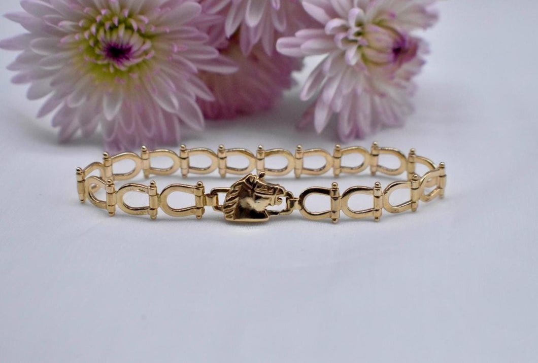 14K Yellow Gold Vintage Horseshoe Horse Link Bracelet