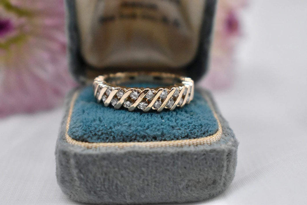 Vintage 14K Yellow Gold Fancy Two Row Swirl Diamond Band