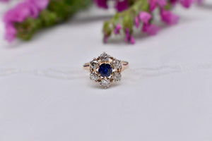 Victorian 14K Yellow Gold Halo Old Mine Cut Diamonds and Sapphire Ring
