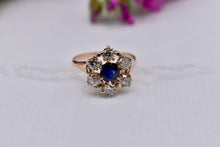 Load image into Gallery viewer, Victorian 14K Yellow Gold Halo Old Mine Cut Diamonds and Sapphire Ring
