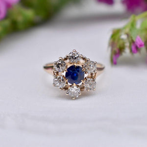Victorian 14K Yellow Gold Halo Old Mine Cut Diamonds and Sapphire Ring