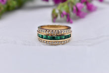 Load image into Gallery viewer, 14K Yellow Gold Three Row Vintage Emerald and Diamond Ring
