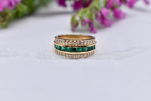 Load image into Gallery viewer, 14K Yellow Gold Three Row Vintage Emerald and Diamond Ring
