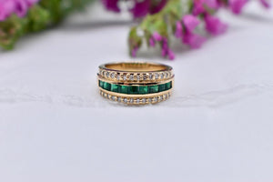 14K Yellow Gold Three Row Vintage Emerald and Diamond Ring