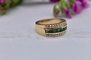 14K Yellow Gold Three Row Vintage Emerald and Diamond Ring
