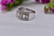 Load image into Gallery viewer, Vintage 14K White Gold Unique Emerald Cut and Round Diamond Three Row Cocktail Ring
