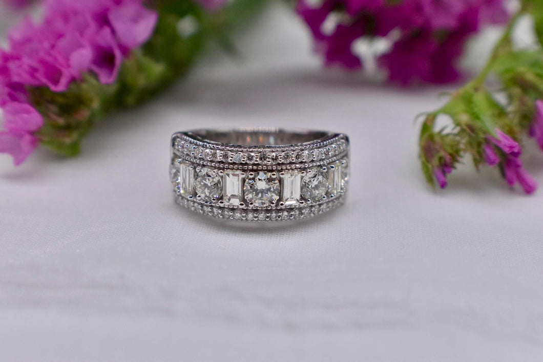 Vintage 14K White Gold Unique Emerald Cut and Round Diamond Three Row Cocktail Ring