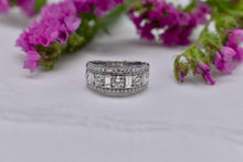 Load image into Gallery viewer, Vintage 14K White Gold Unique Emerald Cut and Round Diamond Three Row Cocktail Ring
