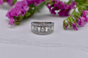 Vintage 14K White Gold Unique Emerald Cut and Round Diamond Three Row Cocktail Ring