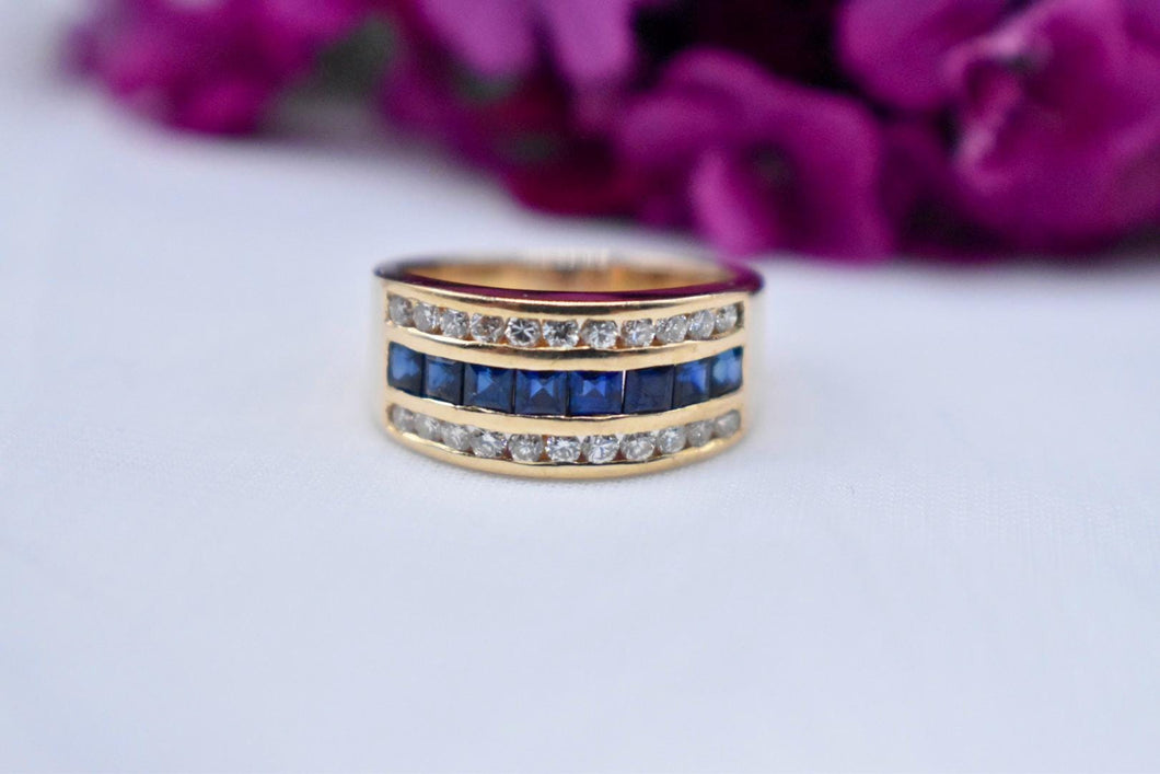 18K Yellow Gold Three Row Vintage Sapphire and Diamond Ring