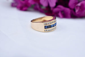 18K Yellow Gold Three Row Vintage Sapphire and Diamond Ring