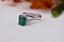Load image into Gallery viewer, 14K White Gold Vintage Emerald Cut Emerald and Diamond Three Stone Engagement Ring Set

