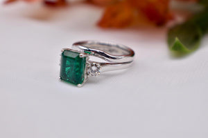 14K White Gold Vintage Emerald Cut Emerald and Diamond Three Stone Engagement Ring Set